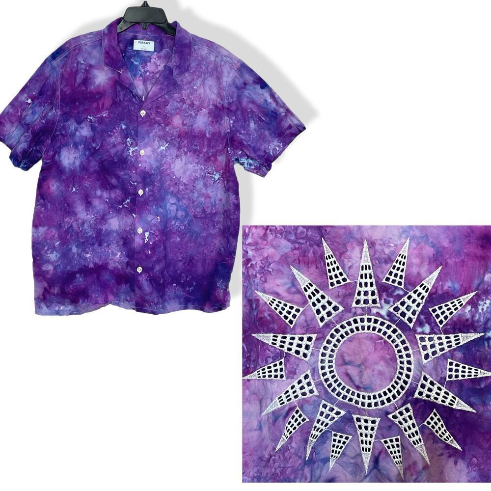handmade tie dyed unisex short sleeve camp shirt purple star sunburst